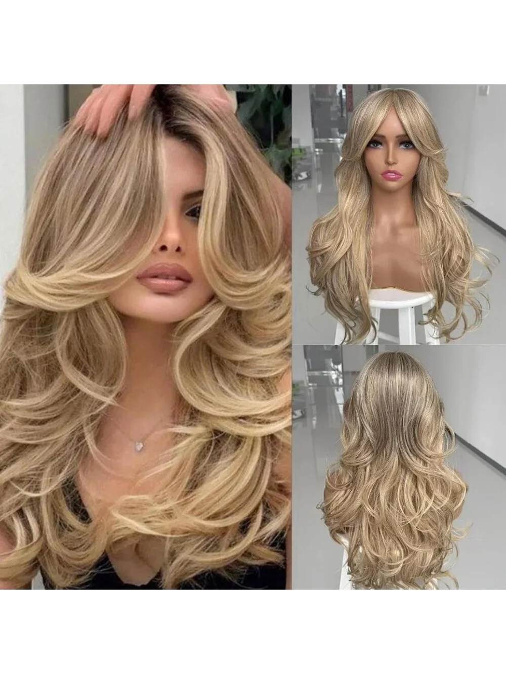 Women's Blonde Long Blonde Wavy Synthetic Platinum Layered Classic Wigs